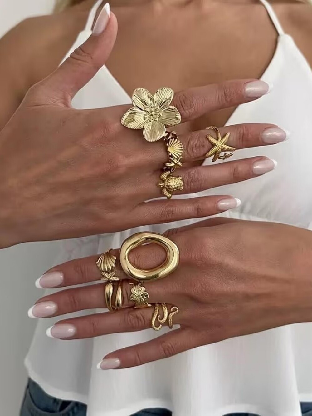 Gold Chunky Rings Flower Shell Starfish Ring Set Boho Stackable Adjustable - Picture 2 of 4